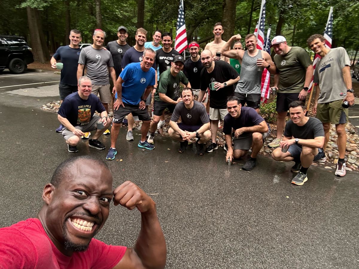 Group of F3 men with coffee mugs after a workout